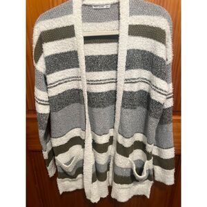 Pink Clover Striped Fuzzy Knit‎ Cardigan Cozy Sweater Gray White Olive Green S